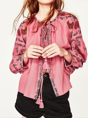 Zara Trafaluc Collection Tie Front Jacket Blouse Embrpidery Billowy Sleeves M
